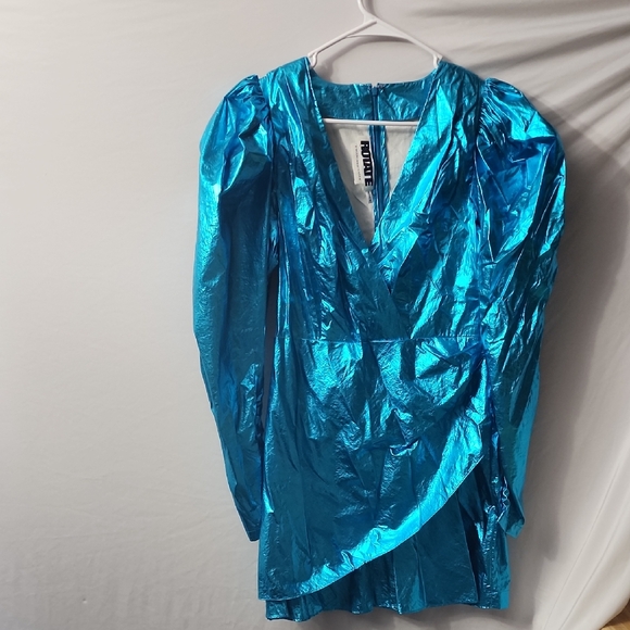 REVOLVE Dresses & Skirts - ROTATE 80S INSPIRED LAME METALLIC FOIL Blue Wrap Dress